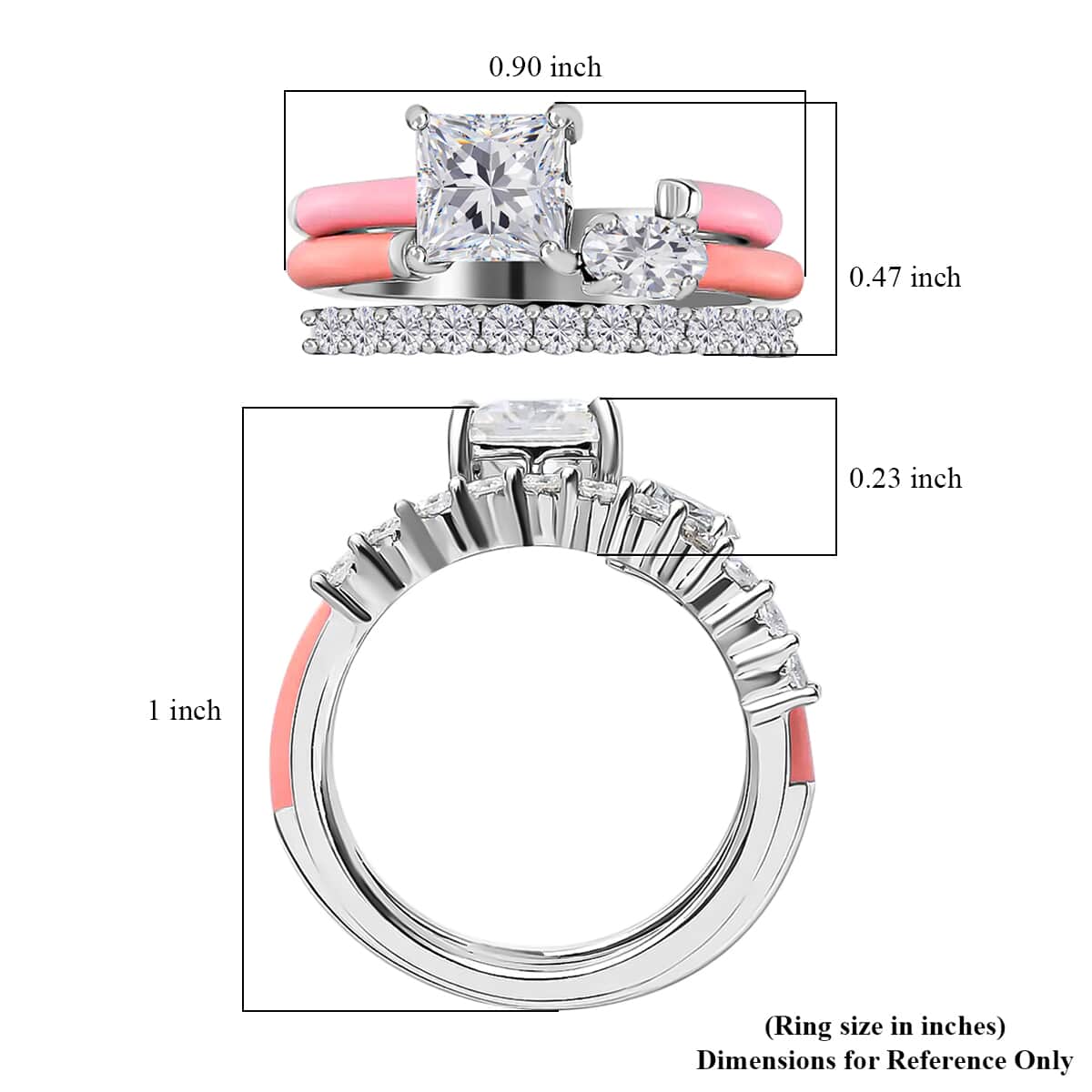 Set of 3 Moissanite, Enameled Stackable Pink Enameled Ring in Platinum Over Sterling Silver image number 6