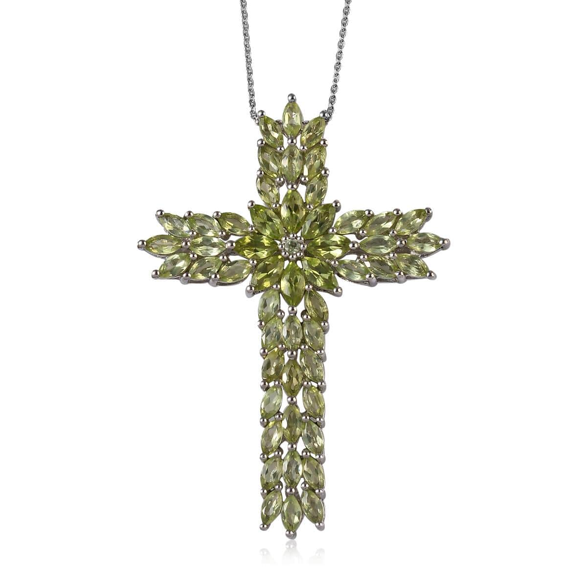 Arizona Peridot Cross Pendant Necklace 20 Inches in Platinum Over Sterling Silver 7.65 ctw image number 0