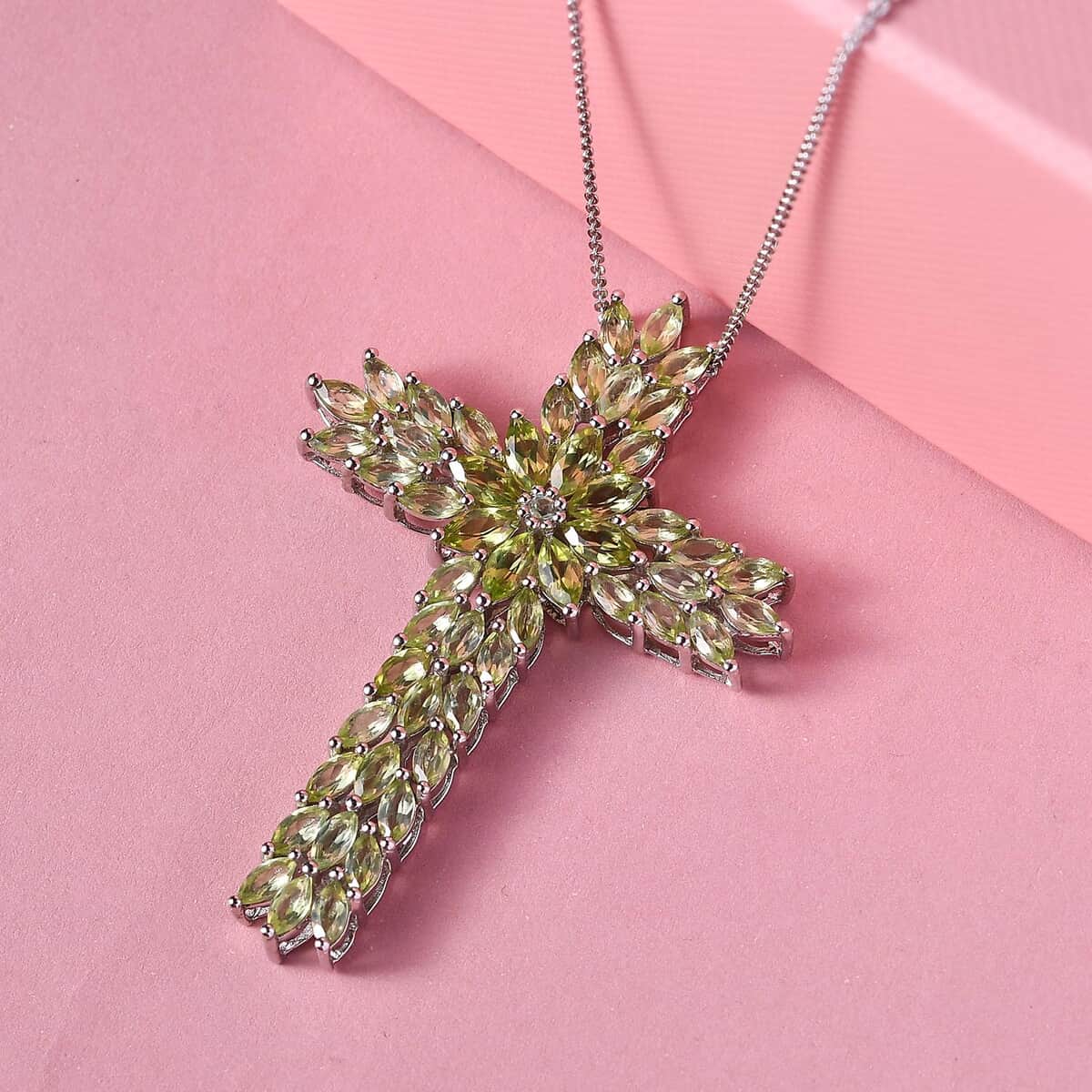 Arizona Peridot Cross Pendant Necklace 20 Inches in Platinum Over Sterling Silver 7.65 ctw image number 1
