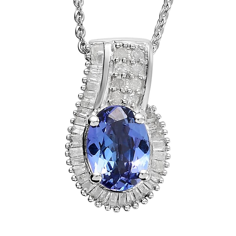 Tanzanite and Diamond Pendant Necklace 20 Inches in Platinum Over Sterling Silver 1.50 ctw