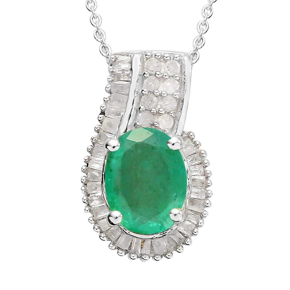 Kagem Zambian Emerald and Diamond Pendant Necklace 20 Inches in Platinum Over Sterling Silver 1.40 ctw image number 0