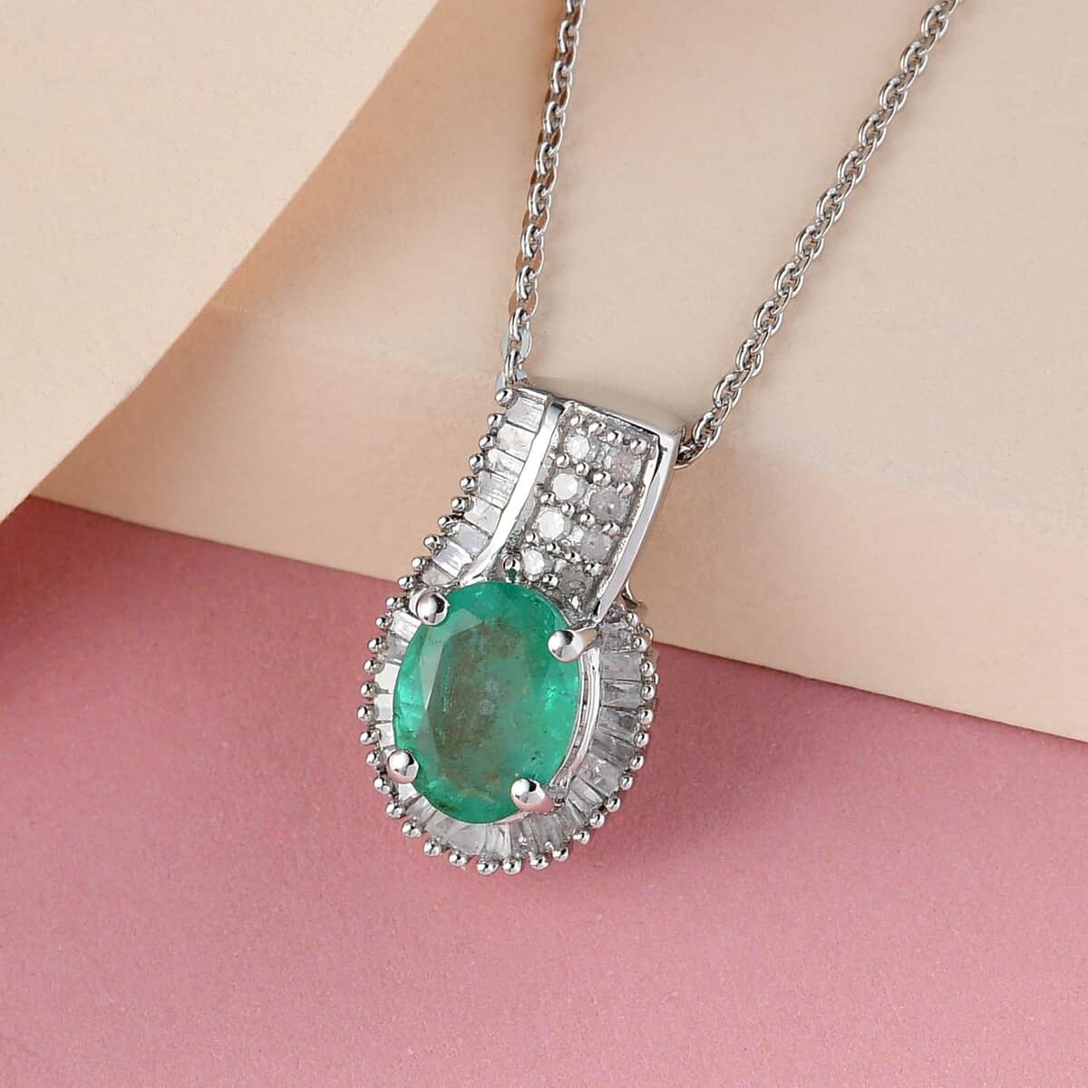 Kagem Zambian Emerald and Diamond Pendant Necklace 20 Inches in Platinum Over Sterling Silver 1.40 ctw image number 1
