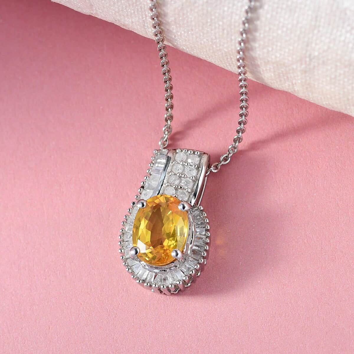 Madagascar Yellow Sapphire and Diamond Pendant Necklace 20 Inches in Platinum Over Sterling Silver 2.00 ctw image number 1