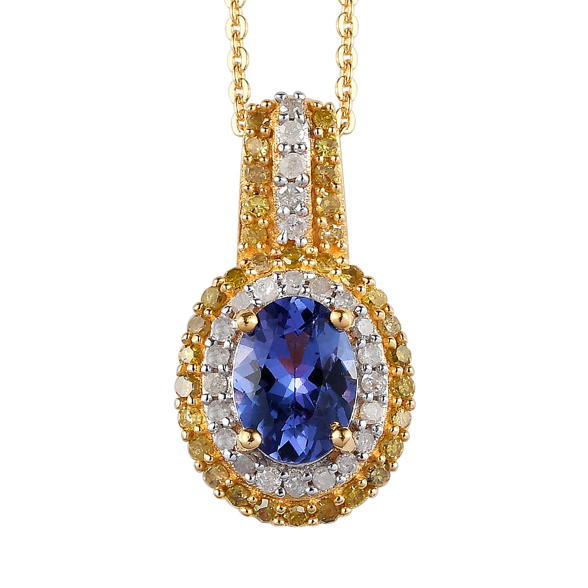 AAA Tanzanite, Yellow and White Diamond Cocktail Pendant Necklace 20In in Vermeil Yellow Gold Over Sterling Silver 1.40 ctw