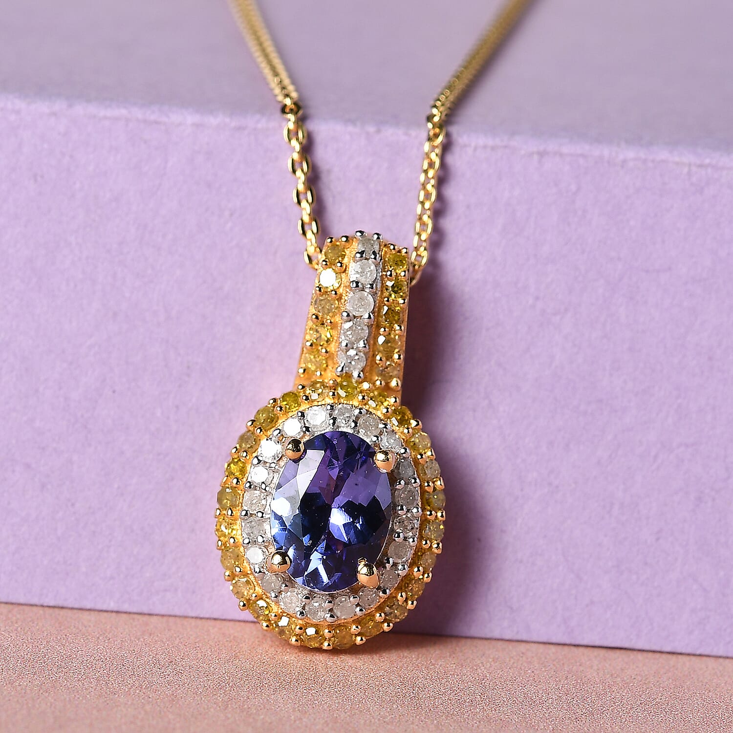 AAA Tanzanite, Yellow and White Diamond Cocktail Pendant Necklace 20In in Vermeil Yellow Gold Over Sterling Silver 1.40 ctw