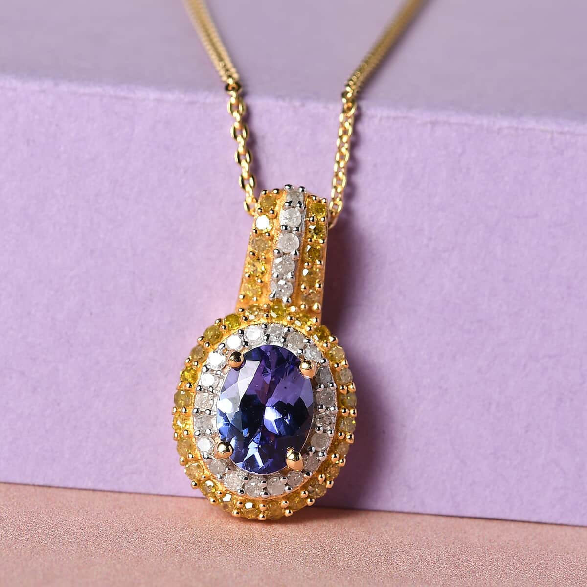 AAA Tanzanite, Natural Champagne and White Diamond Cocktail Pendant Necklace 20 Inches in Vermeil Rose Gold Over Sterling Silver 1.40 ctw image number 1