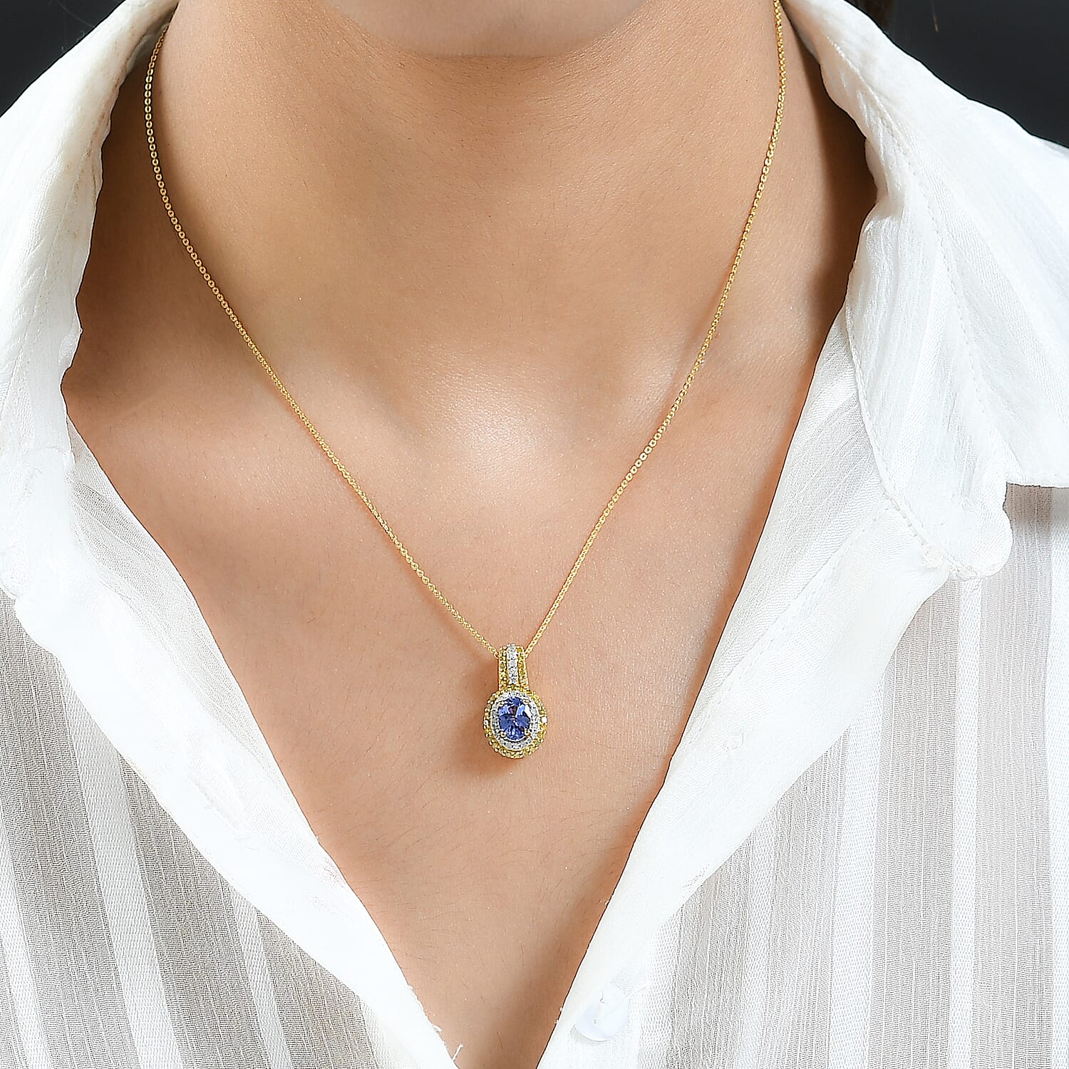 AAA Tanzanite, Yellow and White Diamond Cocktail Pendant Necklace 20In in Vermeil Yellow Gold Over Sterling Silver 1.40 ctw