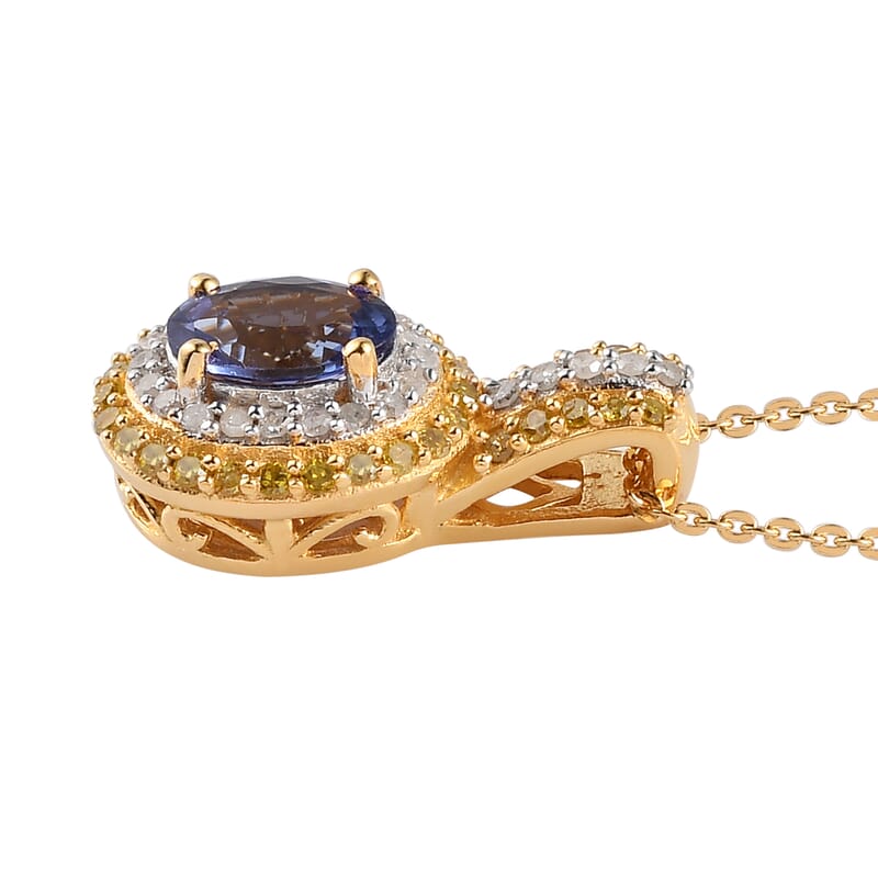 AAA Tanzanite, Yellow and White Diamond Cocktail Pendant Necklace 20In in Vermeil Yellow Gold Over Sterling Silver 1.40 ctw