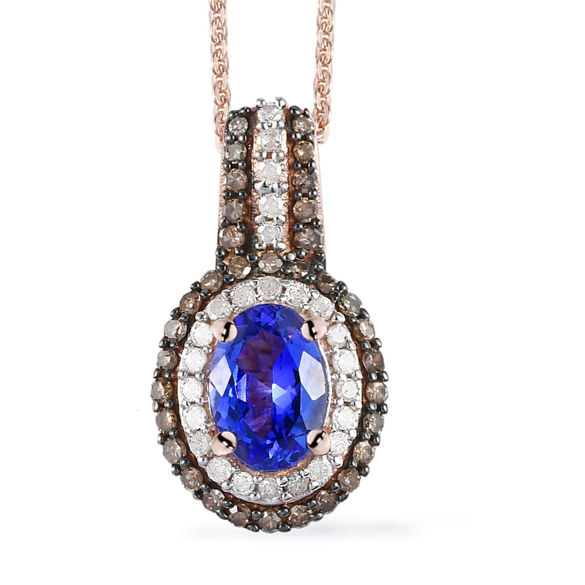 AAA Tanzanite, Natural Champagne and White Diamond Cocktail Pendant Necklace 20In in Vermeil Rose Gold Over Sterling Silver 1.40 ctw image number 0
