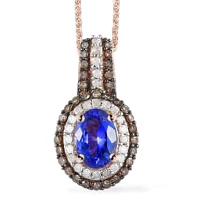 AAA Tanzanite, Natural Champagne and White Diamond Cocktail Pendant Necklace 20In in Vermeil Rose Gold Over Sterling Silver 1.40 ctw