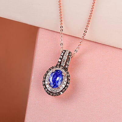 AAA Tanzanite, Natural Champagne and White Diamond Cocktail Pendant Necklace 20In in Vermeil Rose Gold Over Sterling Silver 1.40 ctw