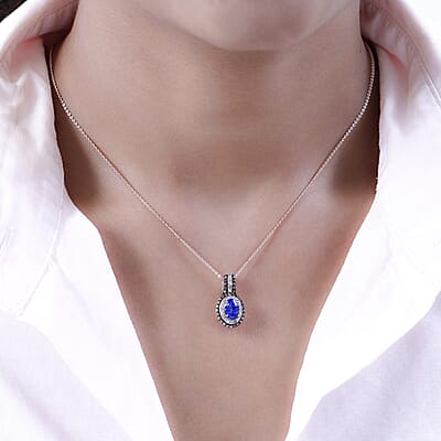 AAA Tanzanite, Natural Champagne and White Diamond Cocktail Pendant Necklace 20In in Vermeil Rose Gold Over Sterling Silver 1.40 ctw
