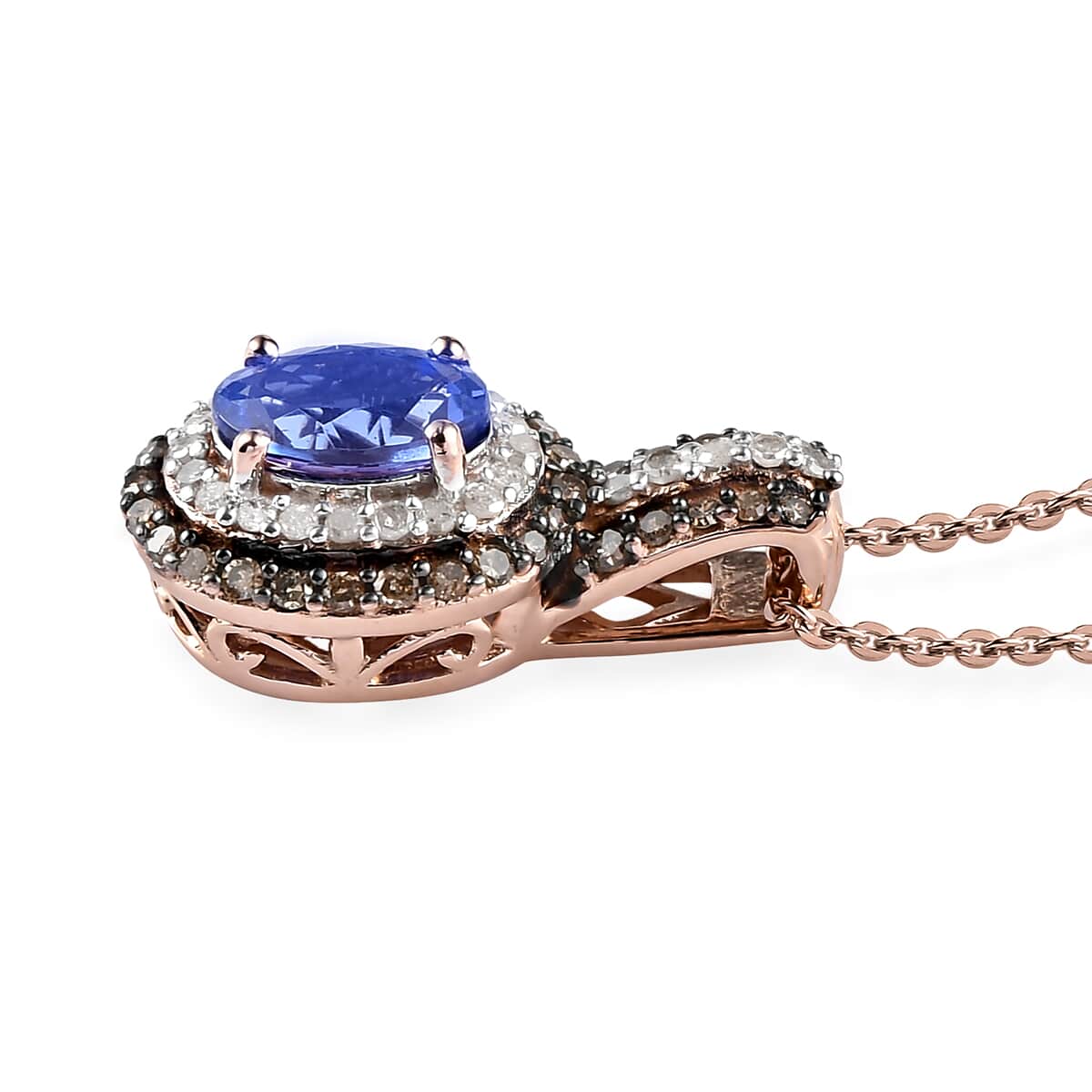 AAA Tanzanite, Natural Champagne and White Diamond Cocktail Pendant Necklace 20In in Vermeil Rose Gold Over Sterling Silver 1.40 ctw image number 3