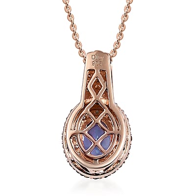 AAA Tanzanite, Natural Champagne and White Diamond Cocktail Pendant Necklace 20In in Vermeil Rose Gold Over Sterling Silver 1.40 ctw