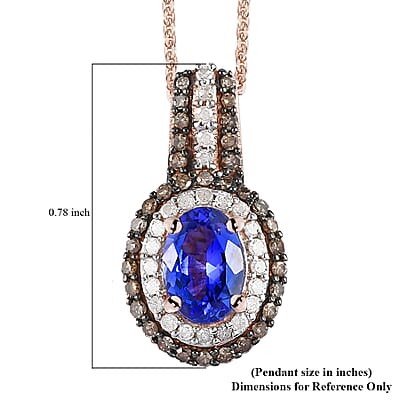 AAA Tanzanite, Natural Champagne and White Diamond Cocktail Pendant Necklace 20In in Vermeil Rose Gold Over Sterling Silver 1.40 ctw