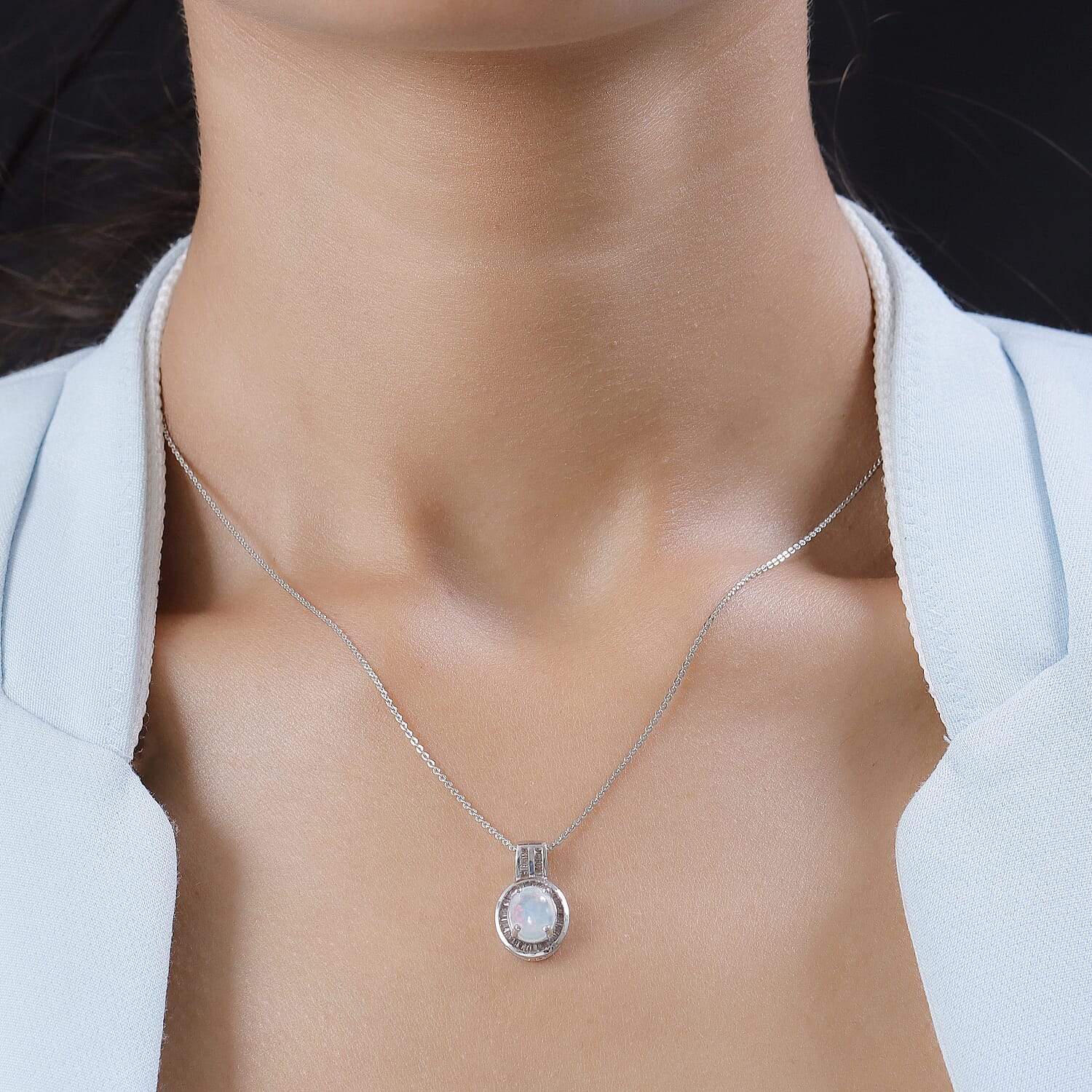 Premium Ethiopian Welo Opal Pendant Necklace , Champagne Diamond Accent Pendant Necklace , Halo Pendant Necklace ,Platinum Over Sterling Silver Necklace , 20 Inch Necklace 1.35 ctw