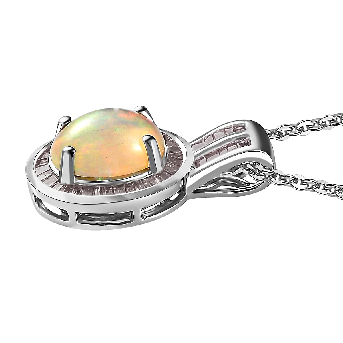 Premium Ethiopian Welo Opal Pendant Necklace , Champagne Diamond Accent Pendant Necklace , Halo Pendant Necklace ,Platinum Over Sterling Silver Necklace , 20 Inch Necklace 1.35 ctw
