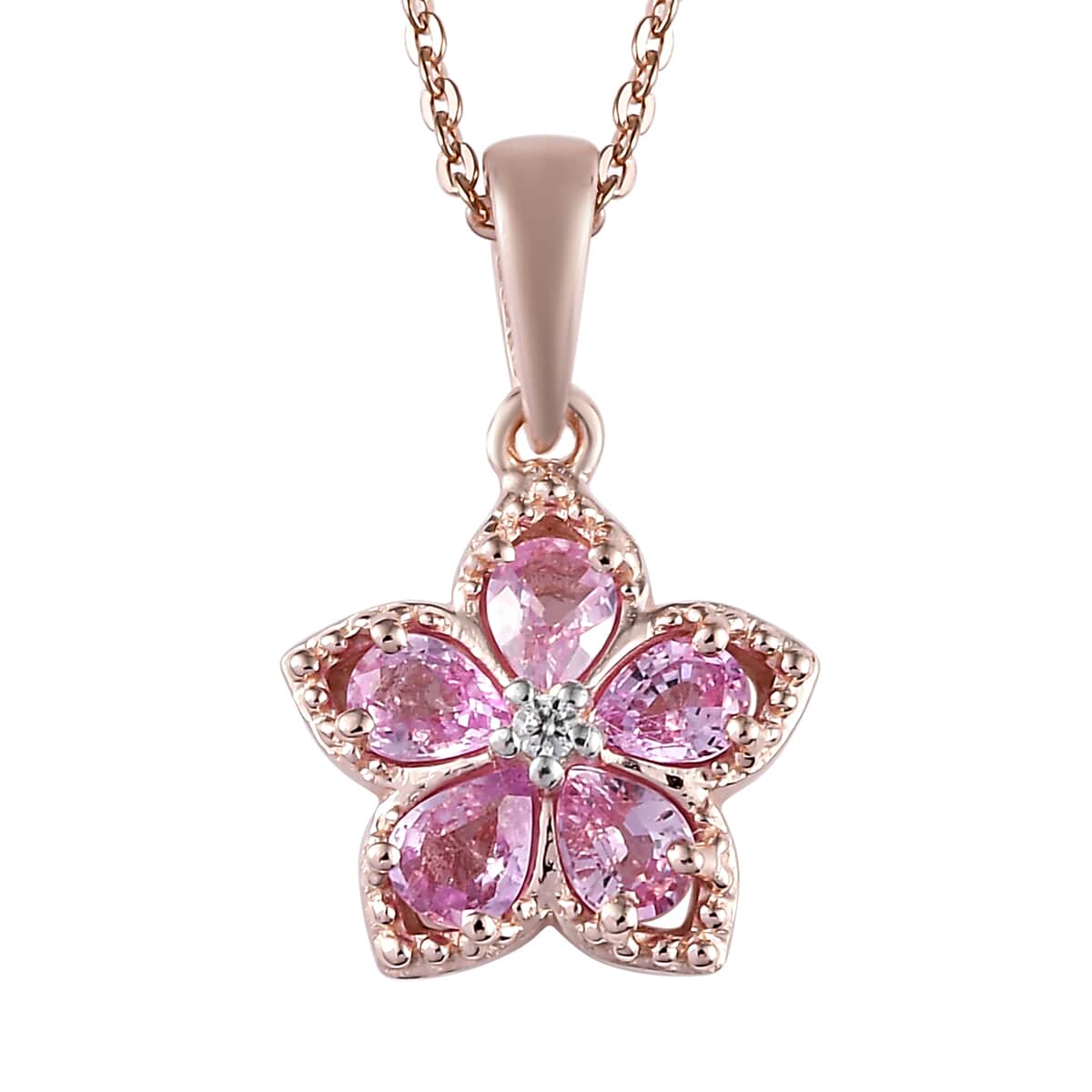 Madagascar Pink Sapphire and Natural White Zircon Floral Pendant Necklace 20 Inches in Vermeil Rose Gold Over Sterling Silver 0.90 ctw image number 0