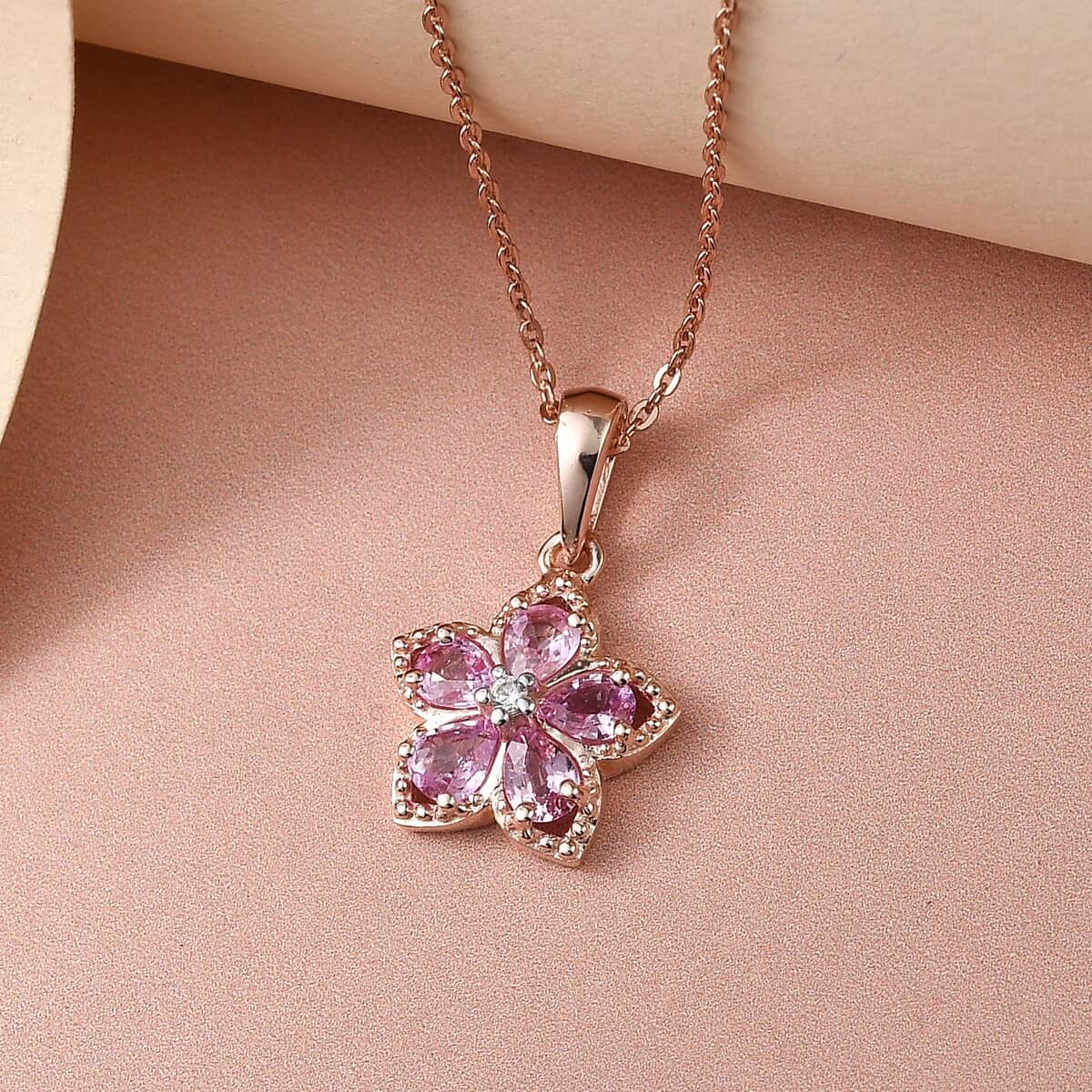 Madagascar Pink Sapphire and Natural White Zircon Floral Pendant Necklace 20 Inches in Vermeil Rose Gold Over Sterling Silver 0.90 ctw image number 1
