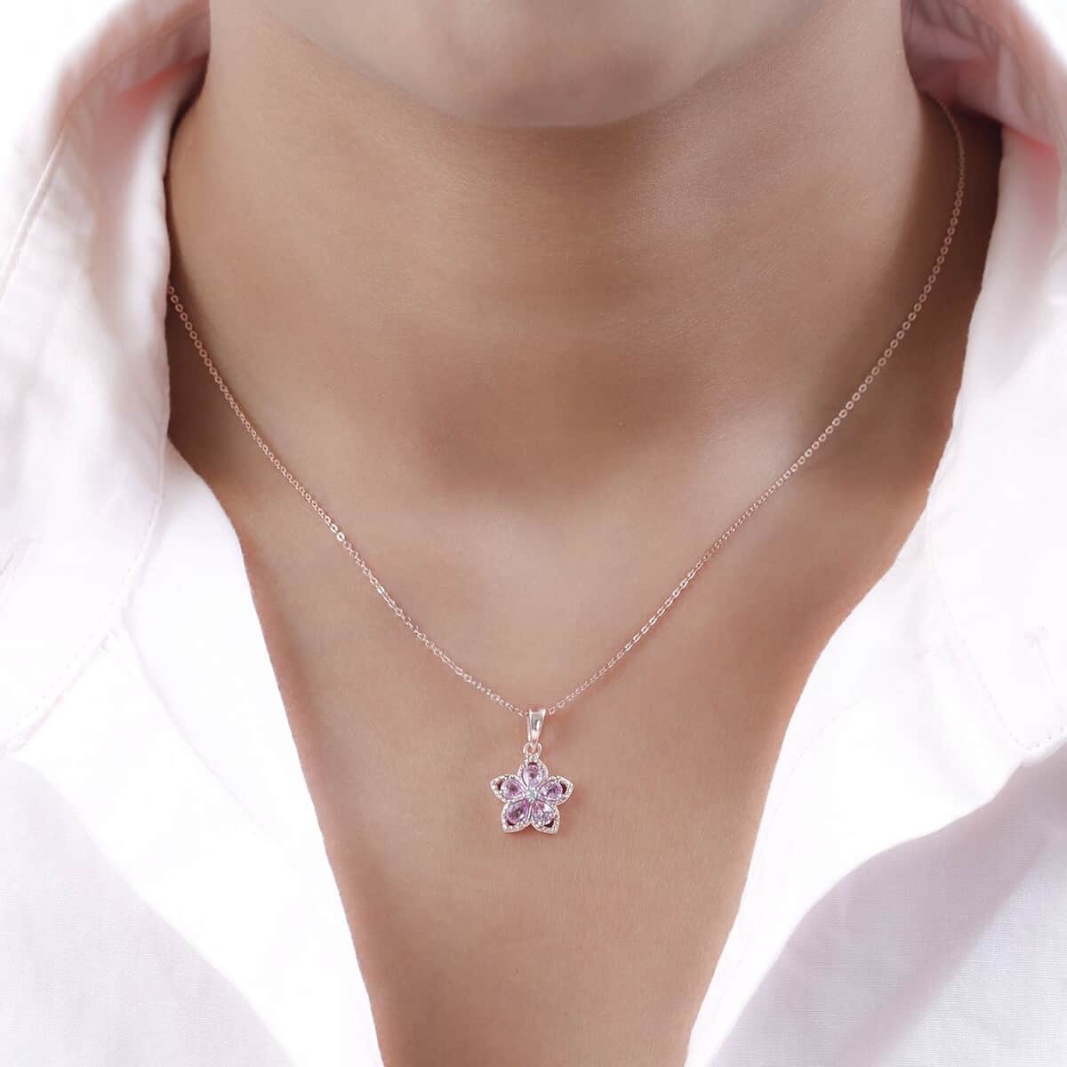 Madagascar Pink Sapphire and Natural White Zircon Floral Pendant Necklace 20 Inches in Vermeil Rose Gold Over Sterling Silver 0.90 ctw image number 2