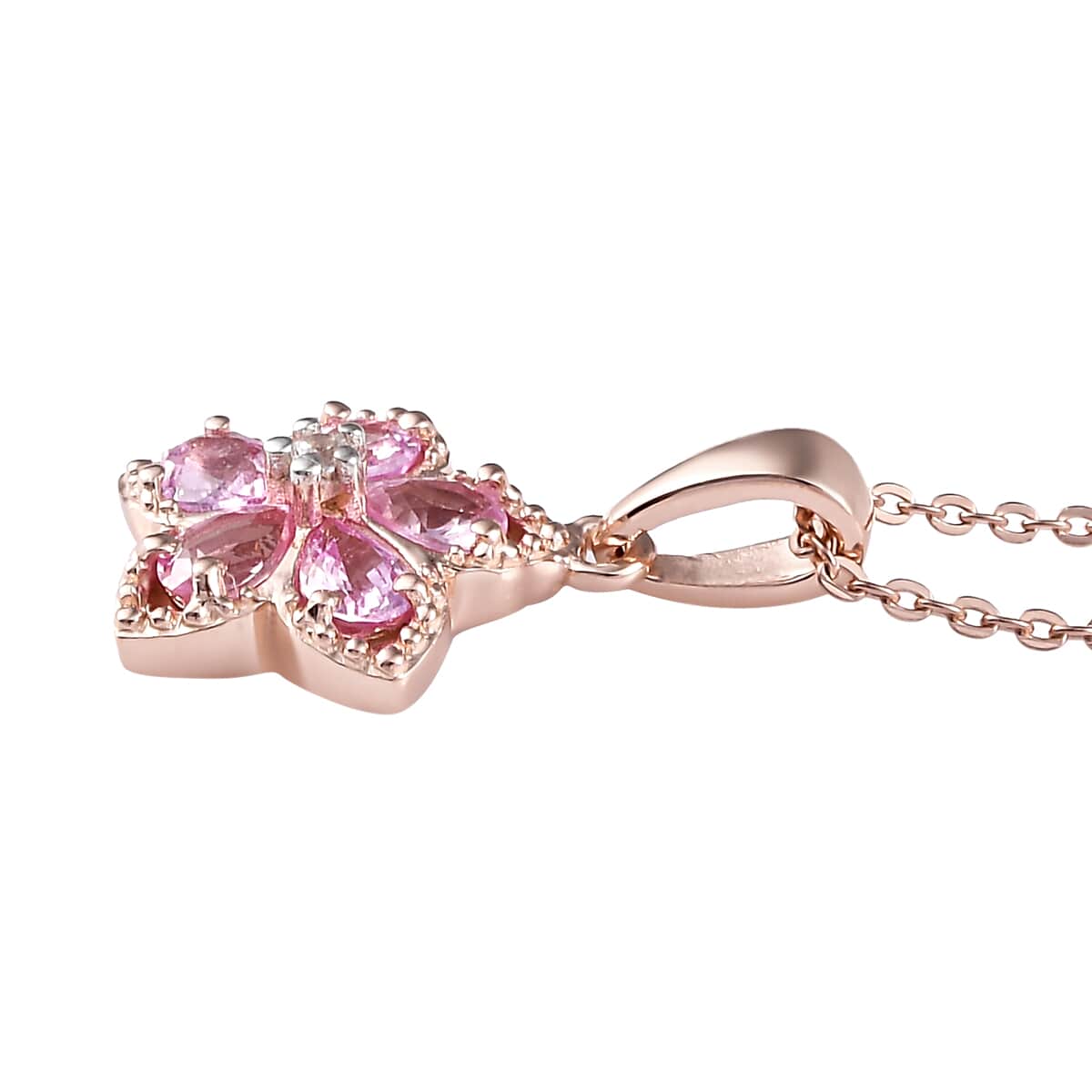 Madagascar Pink Sapphire and Natural White Zircon Floral Pendant Necklace 20 Inches in Vermeil Rose Gold Over Sterling Silver 0.90 ctw image number 3
