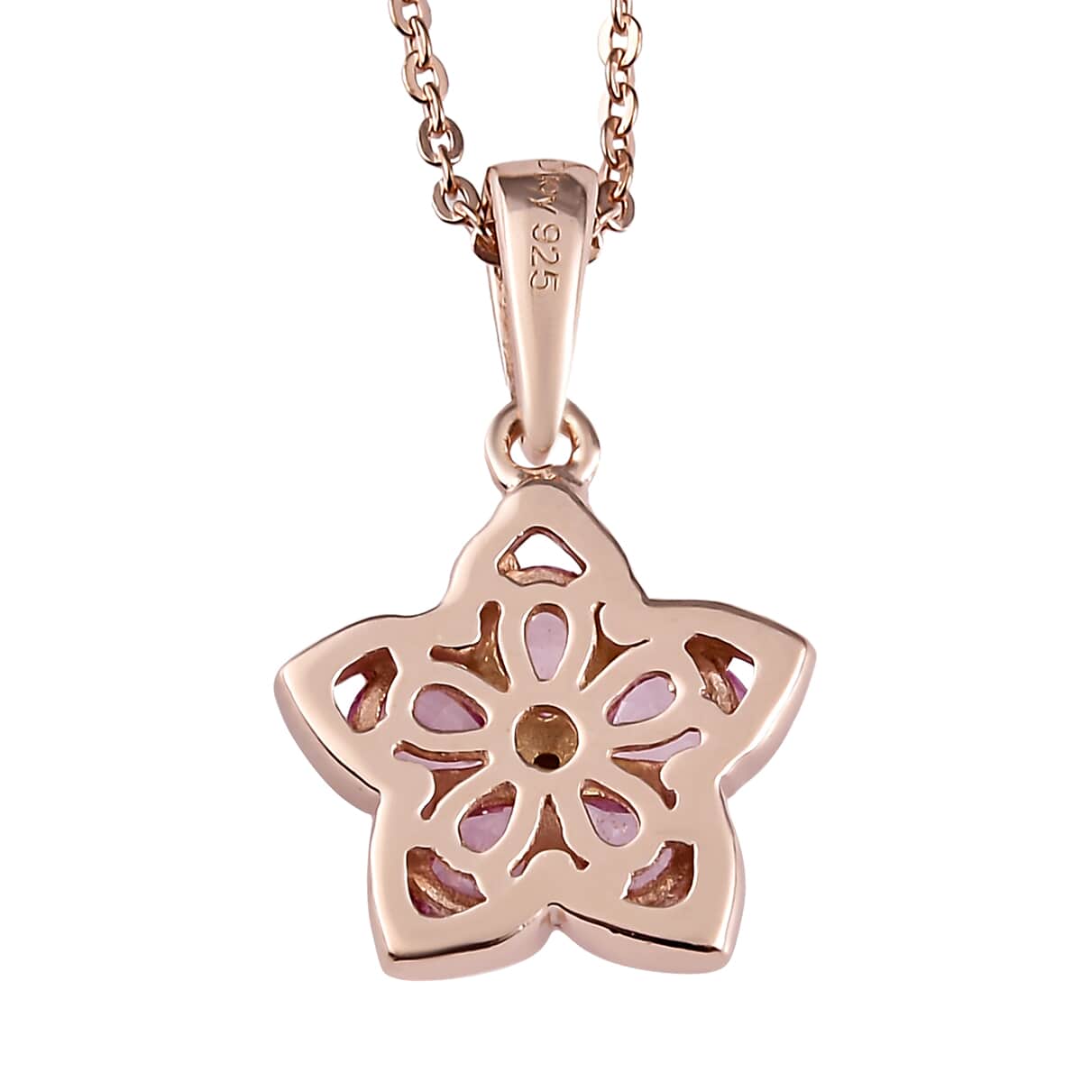 Madagascar Pink Sapphire and Natural White Zircon Floral Pendant Necklace 20 Inches in Vermeil Rose Gold Over Sterling Silver 0.90 ctw image number 4