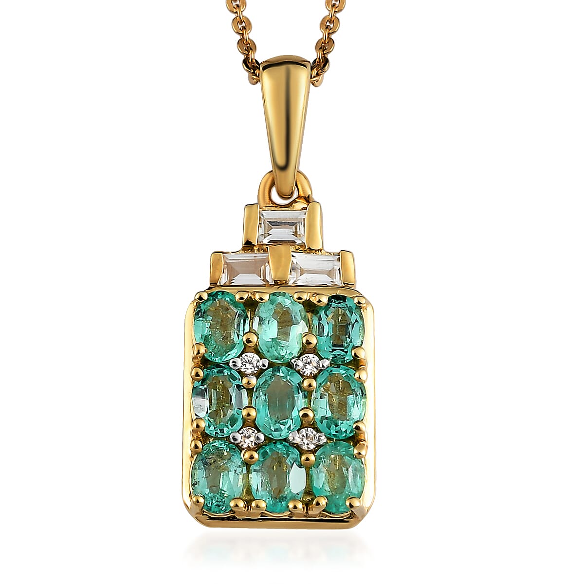 Boyaca Colombian Emerald and White Zircon Pendant Necklace 20 Inches in Vermeil Yellow Gold Over Sterling Silver 1.85 ctw