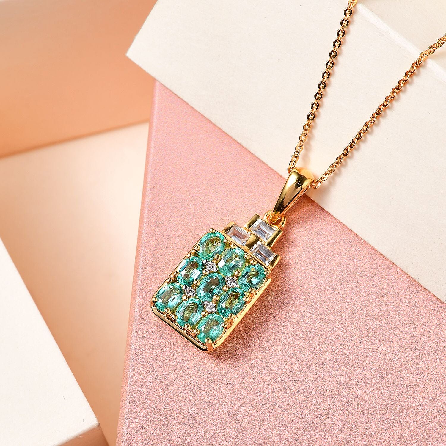 Boyaca Colombian Emerald and White Zircon Pendant Necklace 20 Inches in Vermeil Yellow Gold Over Sterling Silver 1.85 ctw