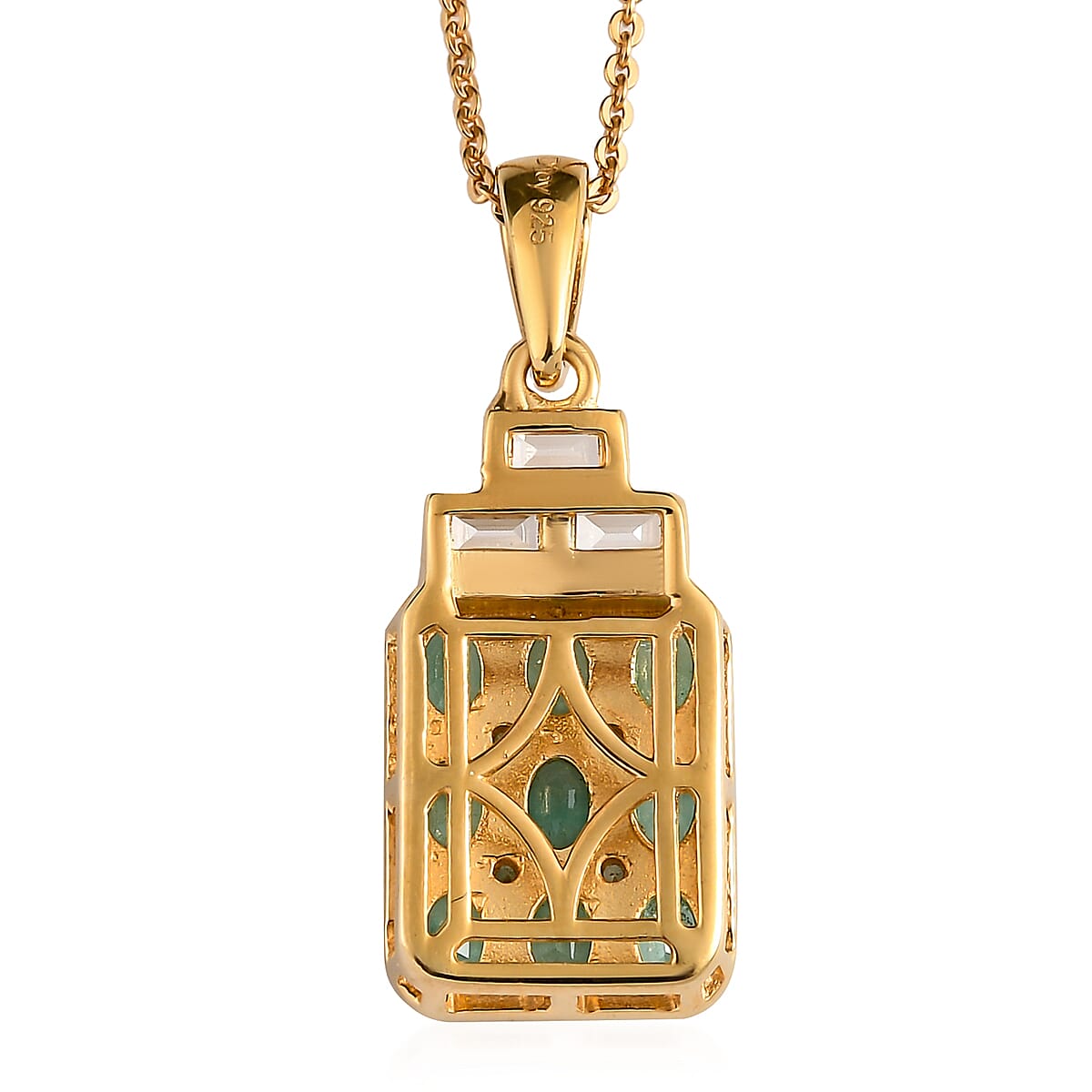 Boyaca Colombian Emerald and White Zircon Pendant Necklace 20 Inches in Vermeil Yellow Gold Over Sterling Silver 1.85 ctw