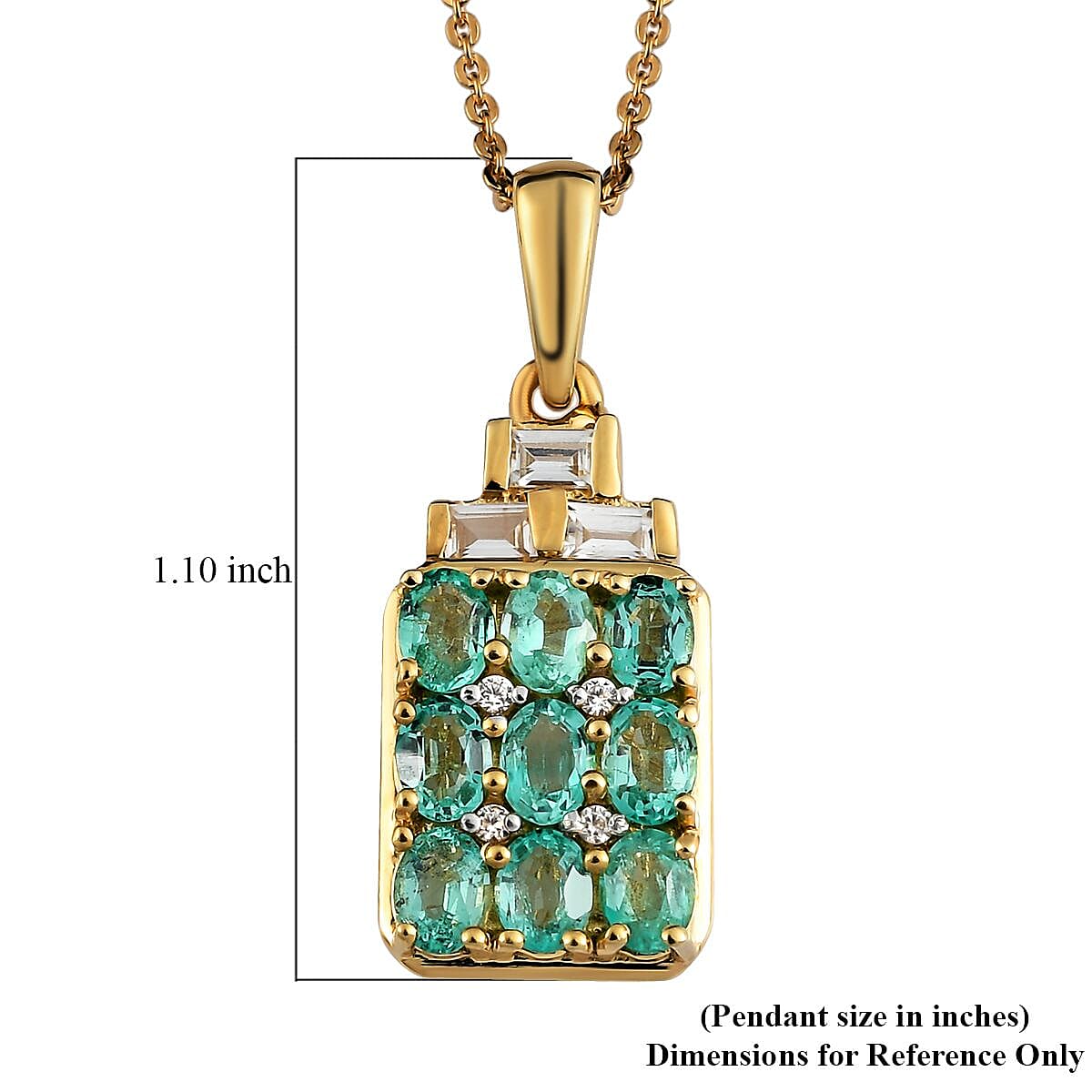 Boyaca Colombian Emerald and White Zircon Pendant Necklace 20 Inches in Vermeil Yellow Gold Over Sterling Silver 1.85 ctw