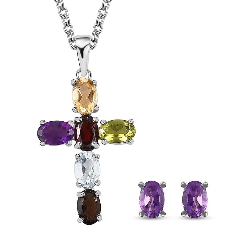 Doorbuster Multi Gemstone Stud Earrings and Cross Pendant Necklace 20 Inches in Stainless Steel 5.90 ctw