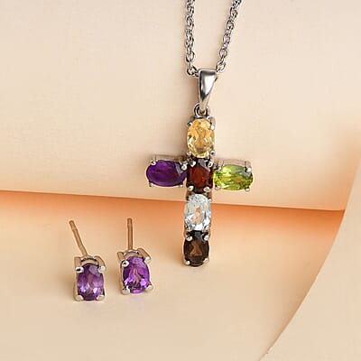 Doorbuster Multi Gemstone Stud Earrings and Cross Pendant Necklace 20 Inches in Stainless Steel 5.90 ctw