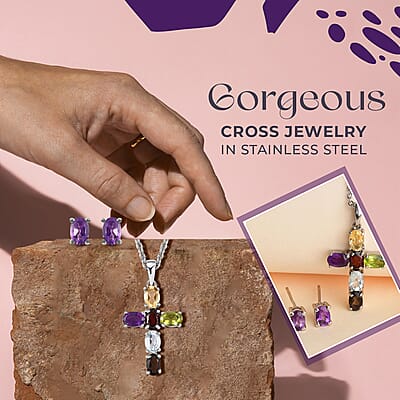 Doorbuster Multi Gemstone Stud Earrings and Cross Pendant Necklace 20 Inches in Stainless Steel 5.90 ctw
