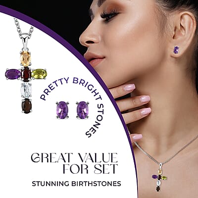 Doorbuster Multi Gemstone Stud Earrings and Cross Pendant Necklace 20 Inches in Stainless Steel 5.90 ctw