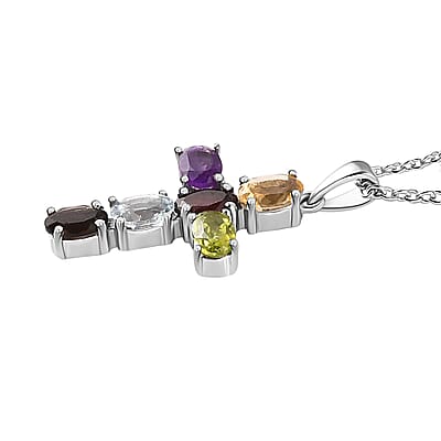 Doorbuster Multi Gemstone Stud Earrings and Cross Pendant Necklace 20 Inches in Stainless Steel 5.90 ctw
