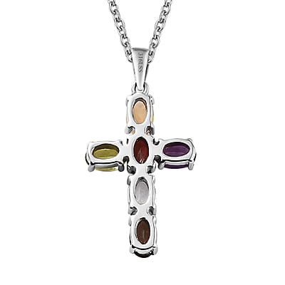 Doorbuster Multi Gemstone Stud Earrings and Cross Pendant Necklace 20 Inches in Stainless Steel 5.90 ctw