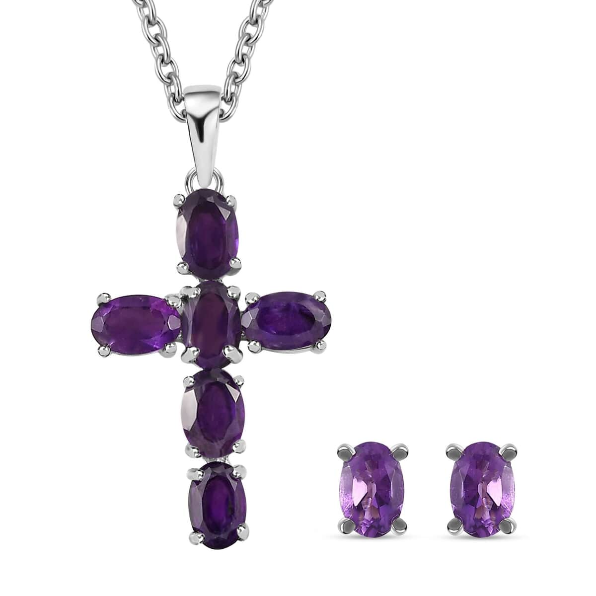 Amethyst Stud Earrings and Cross Pendant Necklace (20 Inches) in Stainless Steel 3.30 ctw , Tarnish-Free, Waterproof, Sweat Proof Jewelry image number 0