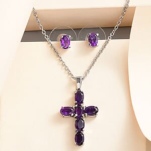 African Amethyst 3.30 ctw Stud Earrings and Cross Pendant Necklace in Stainless Steel 20 Inches 