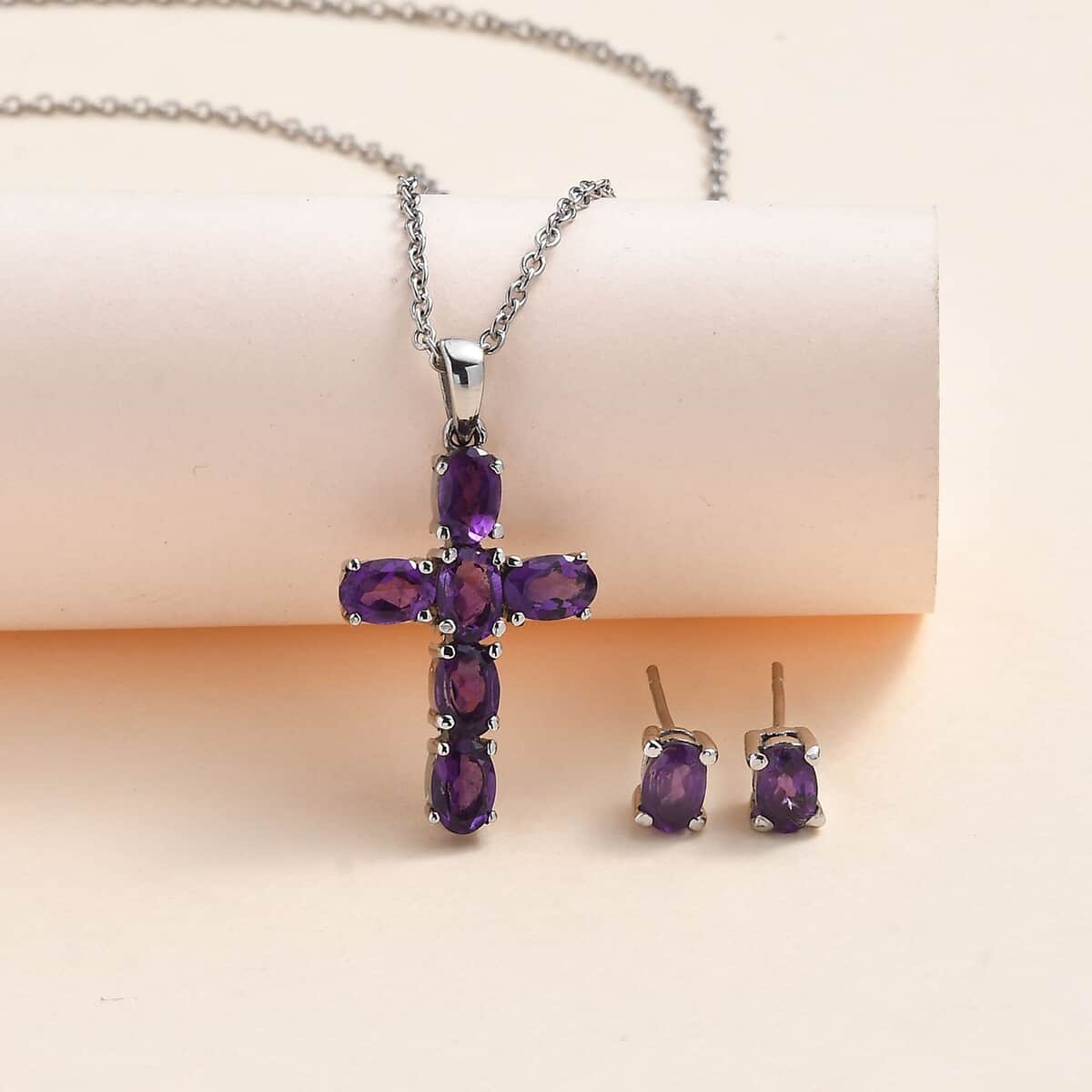 Amethyst Stud Earrings and Cross Pendant Necklace (20 Inches) in Stainless Steel 3.30 ctw , Tarnish-Free, Waterproof, Sweat Proof Jewelry image number 1