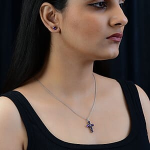 African Amethyst 3.30 ctw Stud Earrings and Cross Pendant Necklace in Stainless Steel 20 Inches 