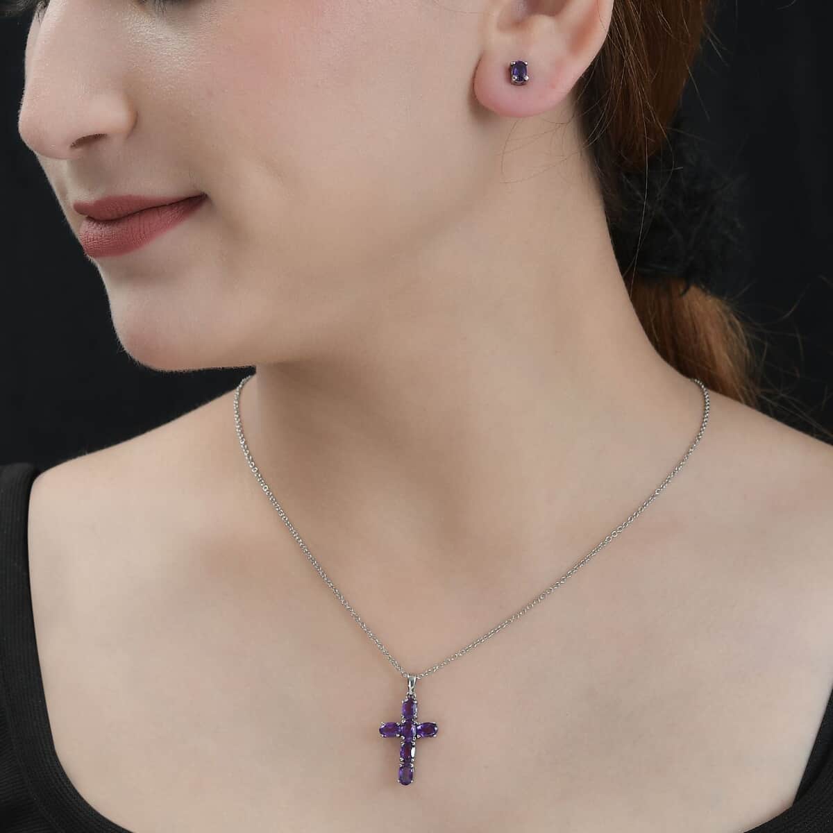 Amethyst Stud Earrings and Cross Pendant Necklace (20 Inches) in Stainless Steel 3.30 ctw , Tarnish-Free, Waterproof, Sweat Proof Jewelry image number 3