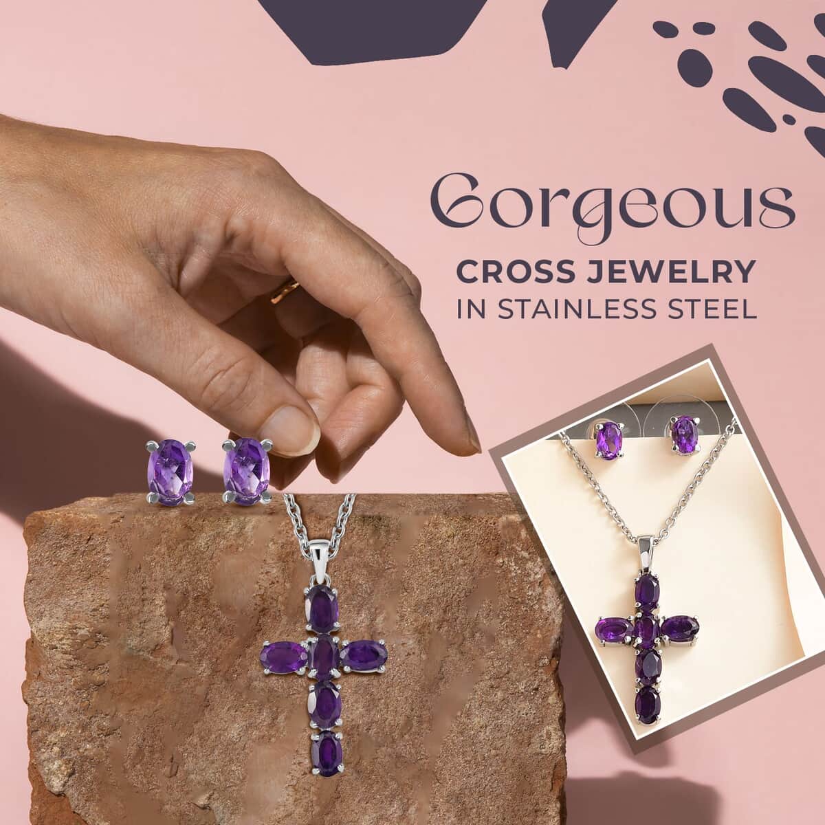 Amethyst Stud Earrings and Cross Pendant Necklace (20 Inches) in Stainless Steel 3.30 ctw , Tarnish-Free, Waterproof, Sweat Proof Jewelry image number 4