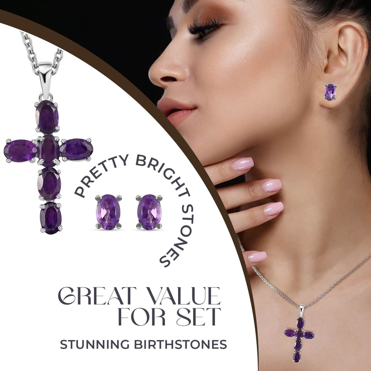 Amethyst Stud Earrings and Cross Pendant Necklace (20 Inches) in Stainless Steel 3.30 ctw , Tarnish-Free, Waterproof, Sweat Proof Jewelry image number 5
