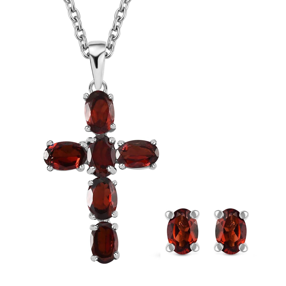 Mozambique Garnet 4.50 ctw Stud Earrings and Cross Pendant Necklace 20 Inches in Stainless Steel image number 0