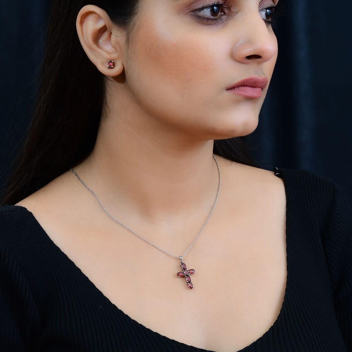 Mozambique Garnet 4.50 ctw Stud Earrings and Cross Pendant Necklace 20 Inches in Stainless Steel image number 2