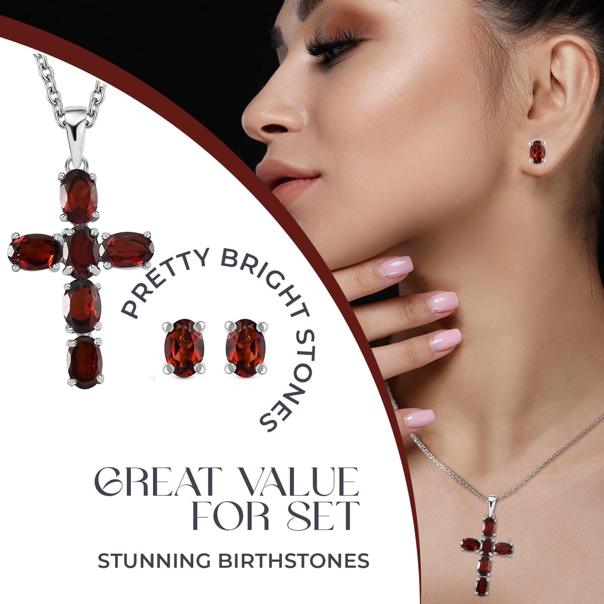 Mozambique Garnet 4.50 ctw Stud Earrings and Cross Pendant Necklace 20 Inches in Stainless Steel image number 4