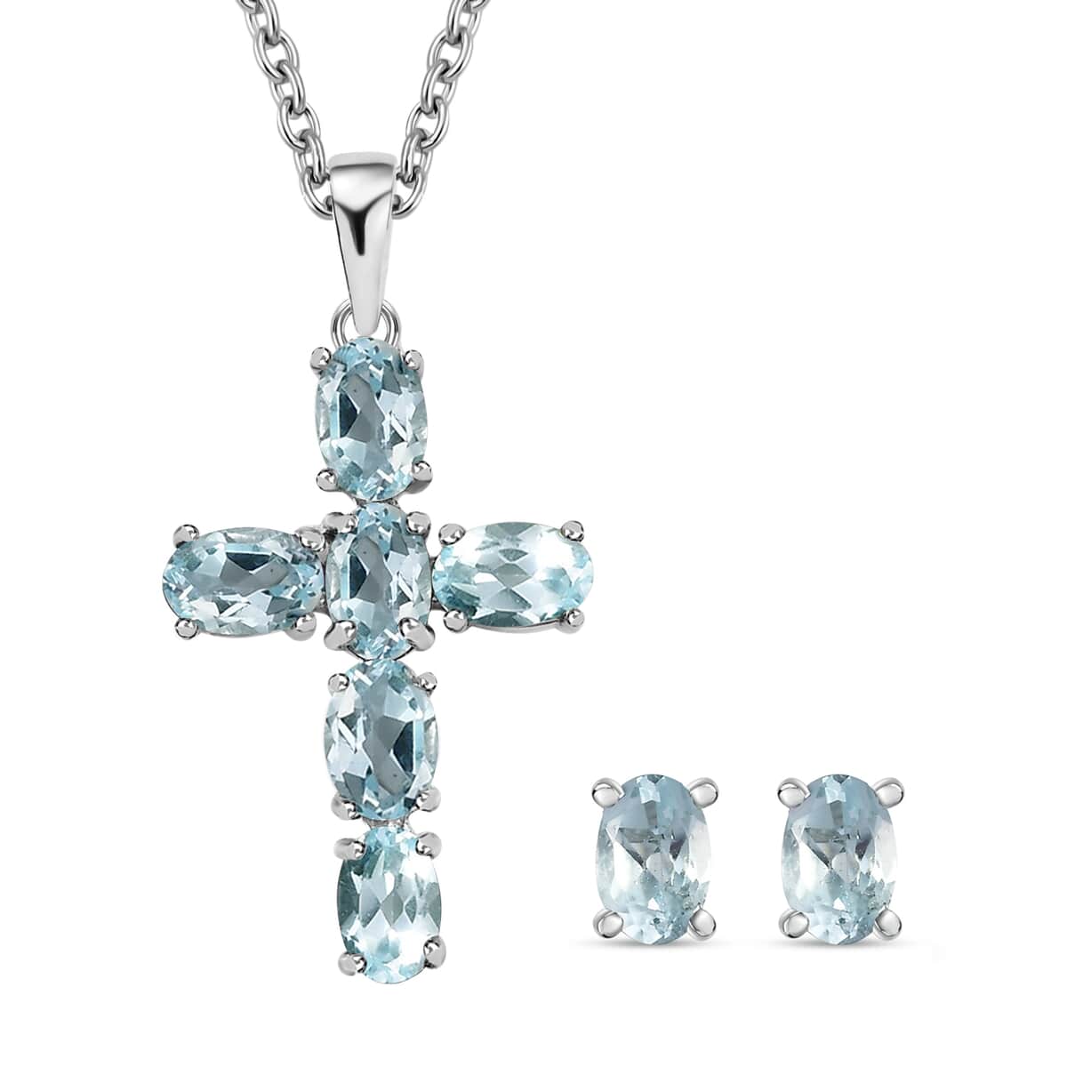 Sky Blue Topaz Stud Earrings and Cross Pendant Necklace (20 Inches) in Stainless Steel 4.70 ctw , Tarnish-Free, Waterproof, Sweat Proof Jewelry image number 0