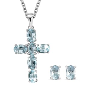 Sky Blue Topaz Stud Earrings and Cross Pendant Necklace (20 Inches) in Stainless Steel 4.70 ctw , Tarnish-Free, Waterproof, Sweat Proof Jewelry