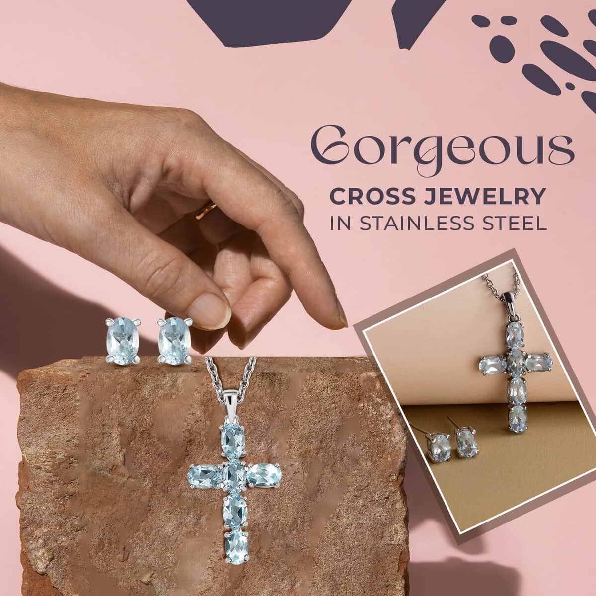 Sky Blue Topaz Stud Earrings and Cross Pendant Necklace (20 Inches) in Stainless Steel 4.70 ctw , Tarnish-Free, Waterproof, Sweat Proof Jewelry image number 3