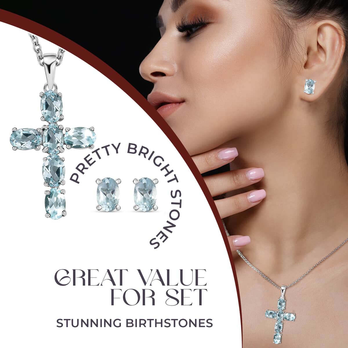 Sky Blue Topaz Stud Earrings and Cross Pendant Necklace (20 Inches) in Stainless Steel 4.70 ctw , Tarnish-Free, Waterproof, Sweat Proof Jewelry image number 4